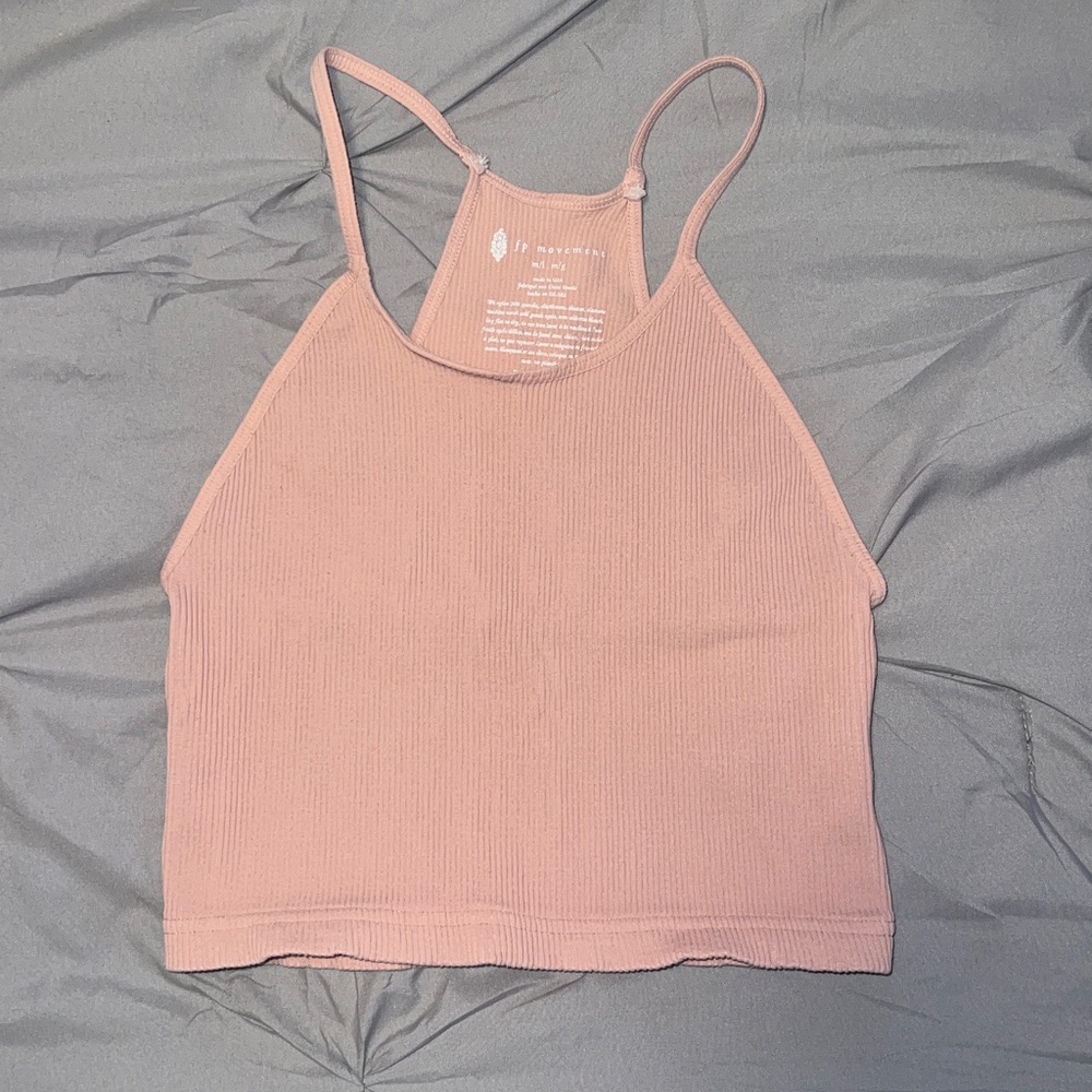 Free People Soft Pink Ribbed Stretch Racerback Cropped Workout Tank Top - Picture 2 of 8